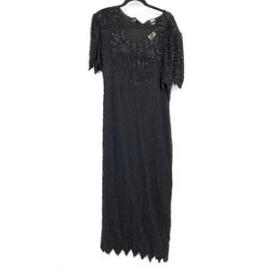 Scala Silk Dress Womens L Black Sequin Beaded Short Sleeve Maxi Vintage Evening